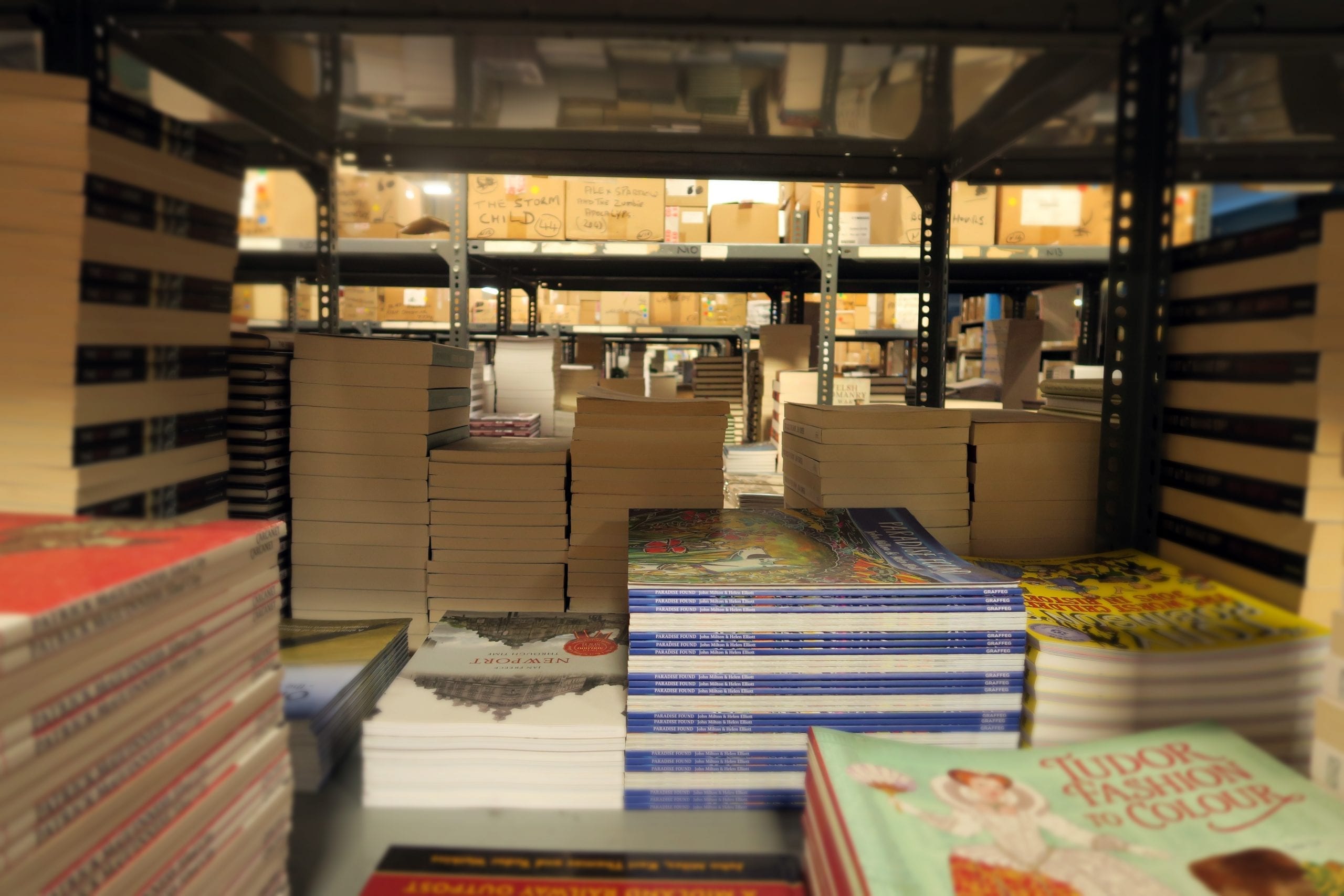 Shelves of books at the Books Council's Distribution Centre