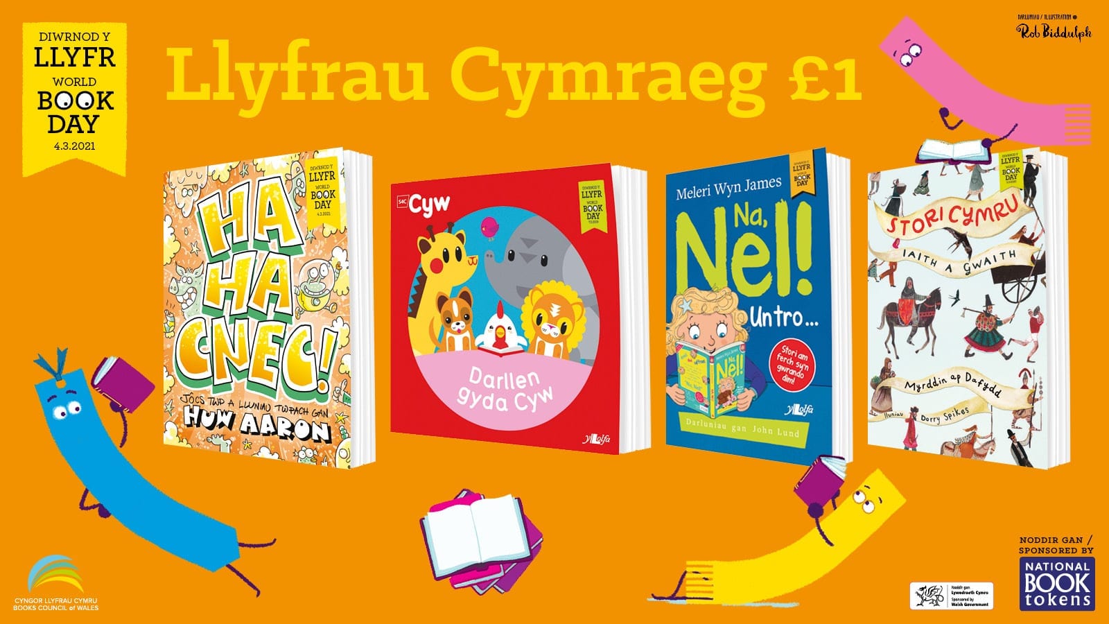 Cloriau'r pedwar llyfr £1 Cymraeg sydd ar gael ar gyfer Diwrnod y Llyfr 2021 Cloriau'r pedwar llyfr £1 Cymraeg sydd ar gael ar gyfer Diwrnod y Llyfr 2021