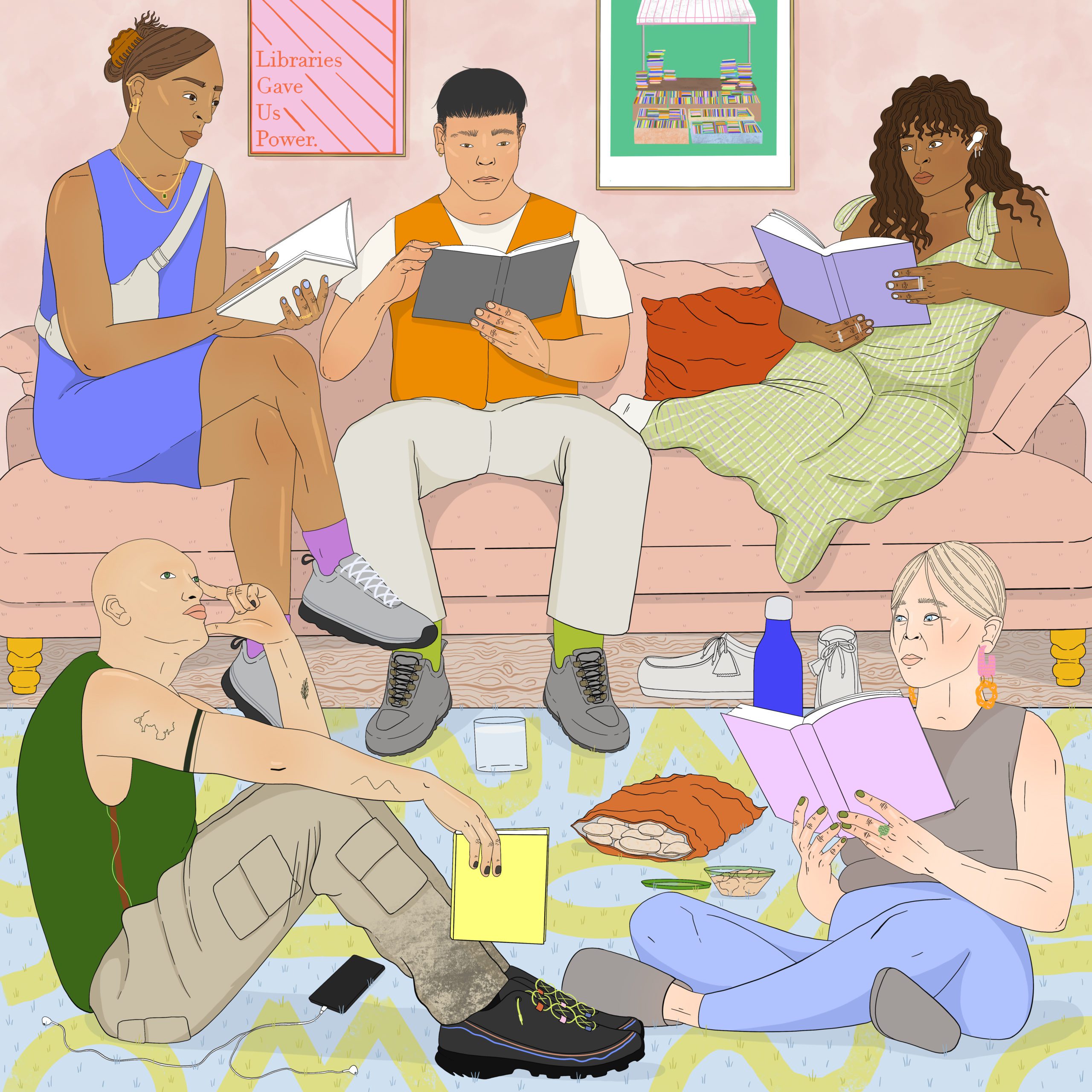 Delwedd o bobl yn darllen gan Beth Blanfordd // Illustration of people reading by Beth Blandford.