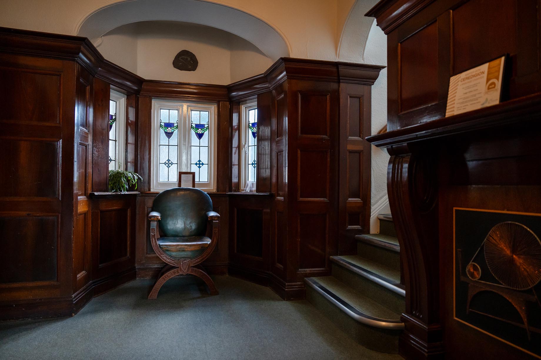 Islwyn Ffowc Elis' desk chair on display at the main offices of the Books Council of Wales.