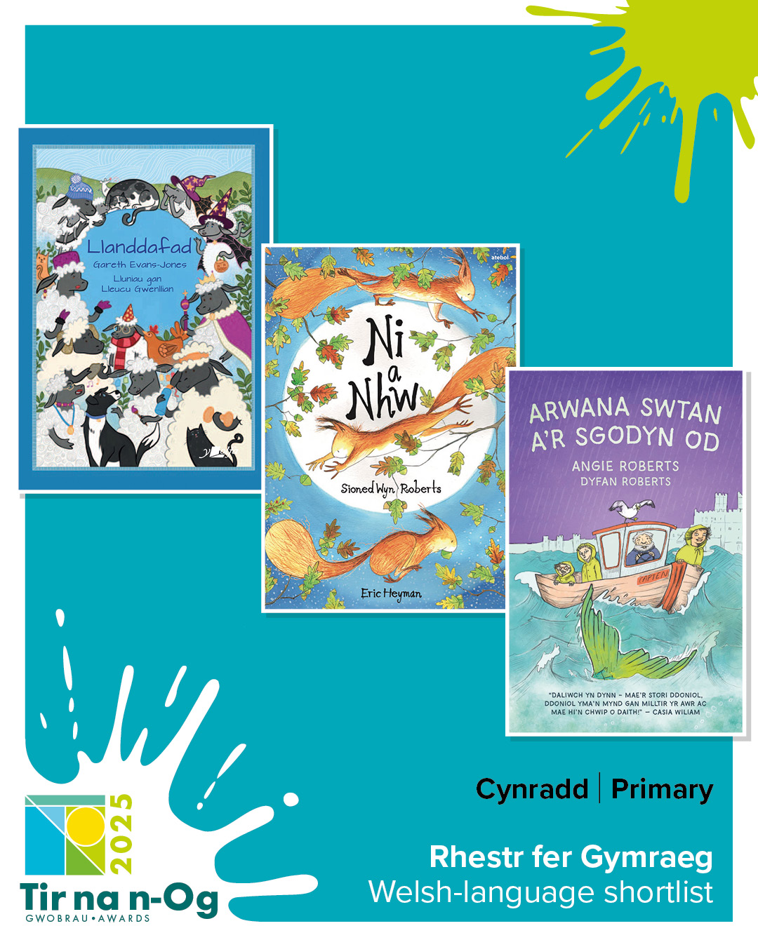 Three books on the Tir na n-Og  Welsh-language Primary shortlist 2025. Llanddafad, Ni a Nhw and Arwana Swtan a'r Sgodyn Od.